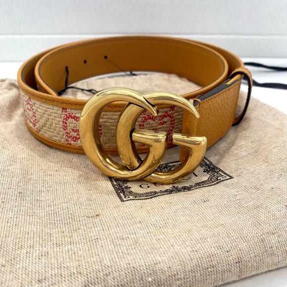 Gucci GG Marmont G Print Raffia Straw Wide Belt 90 Tan Pink Yellow - Picture 2 of 16